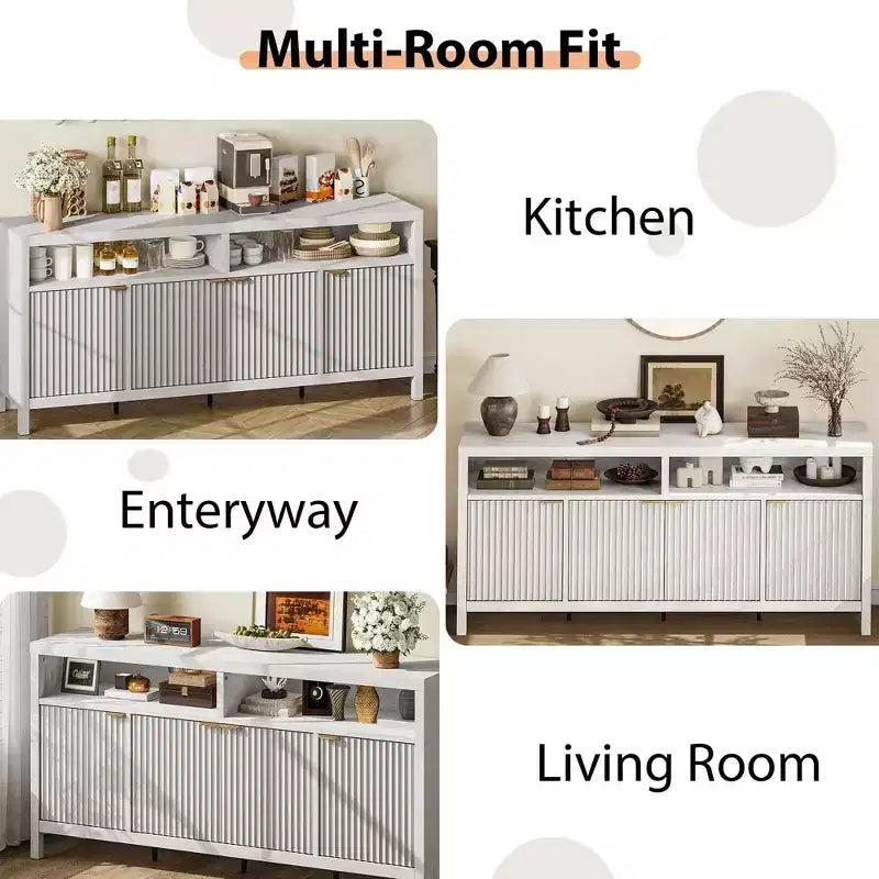 Buffet de cuisine cannelé de 167 cm avec 4 portes, meuble de rangement de cuisine, buffet en bois pour salle à manger, salon, entrée