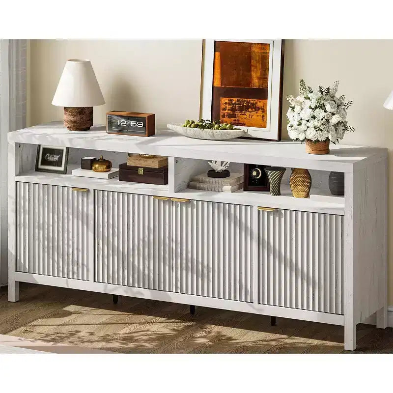 Buffet de cuisine cannelé de 167 cm avec 4 portes, meuble de rangement de cuisine, buffet en bois pour salle à manger, salon, entrée