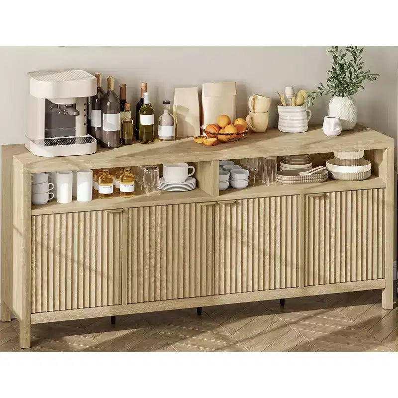 Buffet de cuisine cannelé de 167 cm avec 4 portes, meuble de rangement de cuisine, buffet en bois pour salle à manger, salon, entrée