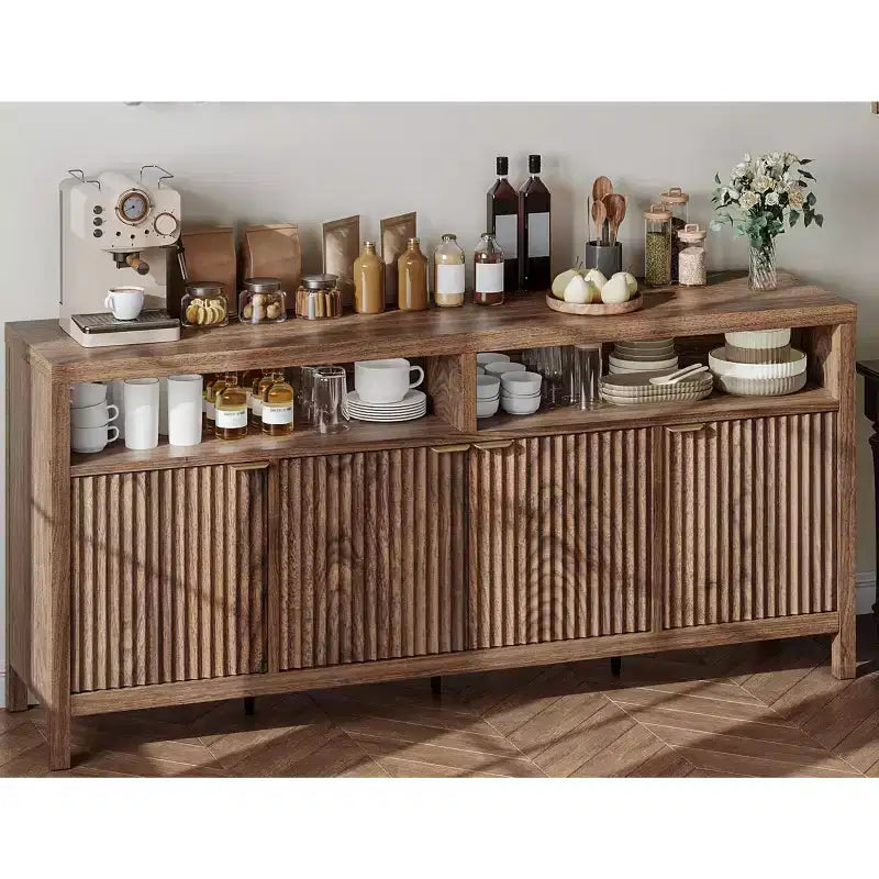 Buffet de cuisine cannelé de 167 cm avec 4 portes, meuble de rangement de cuisine, buffet en bois pour salle à manger, salon, entrée