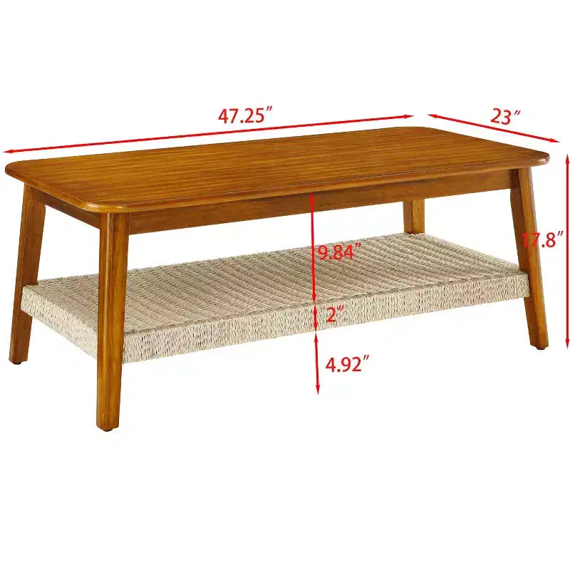 Table basse en hévéa style Mid-Century avec étagère en rotin tressé
