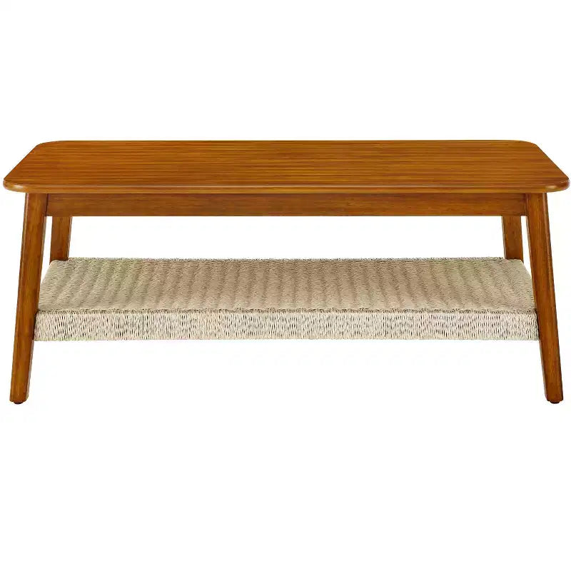 Table basse en hévéa style Mid-Century avec étagère en rotin tressé