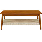 Table basse en hévéa style Mid-Century avec étagère en rotin tressé