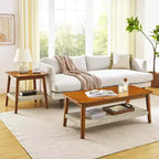 Table basse en hévéa style Mid-Century avec étagère en rotin tressé