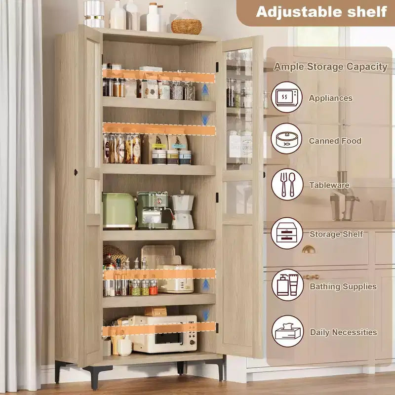Meuble de rangement haut de 160 cm avec 2 portes, armoire de cuisine 5 niveaux, étagères réglables pour cuisine, salle à manger, salle de bain