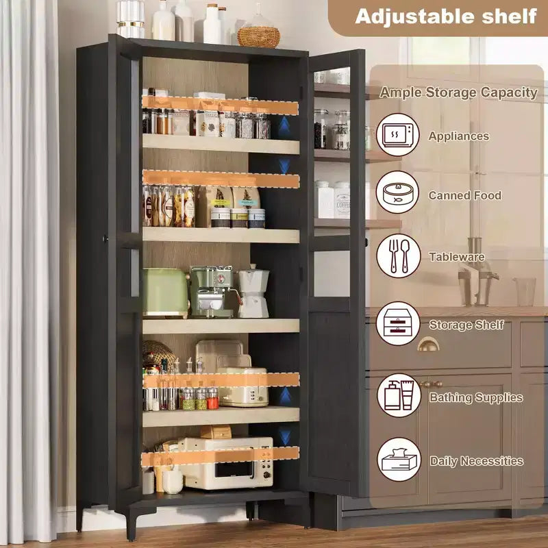 Meuble de rangement haut de 160 cm avec 2 portes, armoire de cuisine 5 niveaux, étagères réglables pour cuisine, salle à manger, salle de bain