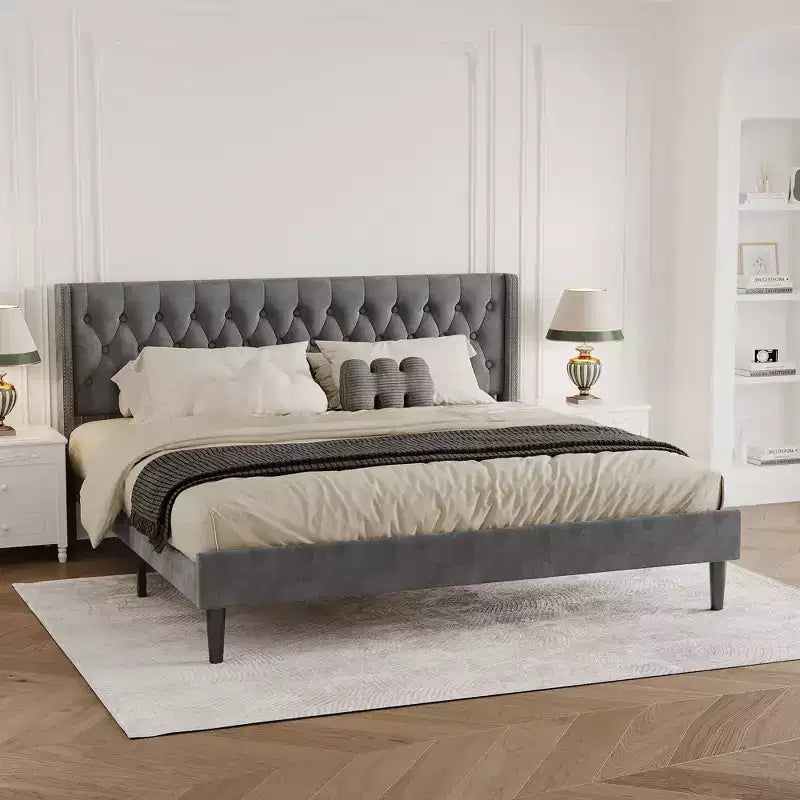Velvet King Size Bed Frame with Wingback Design, Deep Button Tufting, Metal Stability, Easy Assembly