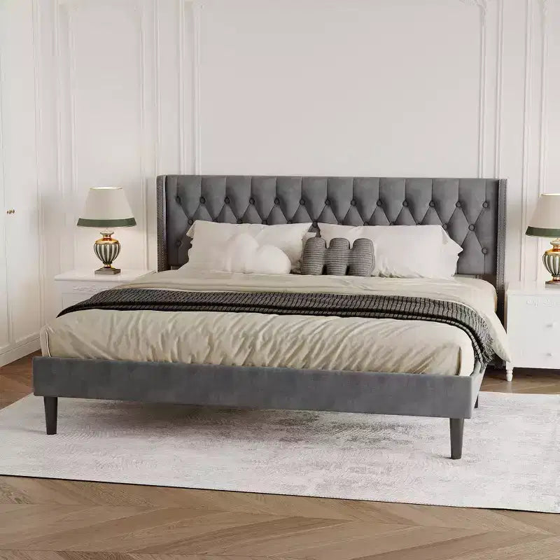 Cadre de lit King Size en velours avec tête de lit capitonnée, surpiqûres profondes, stabilité métallique, montage facile