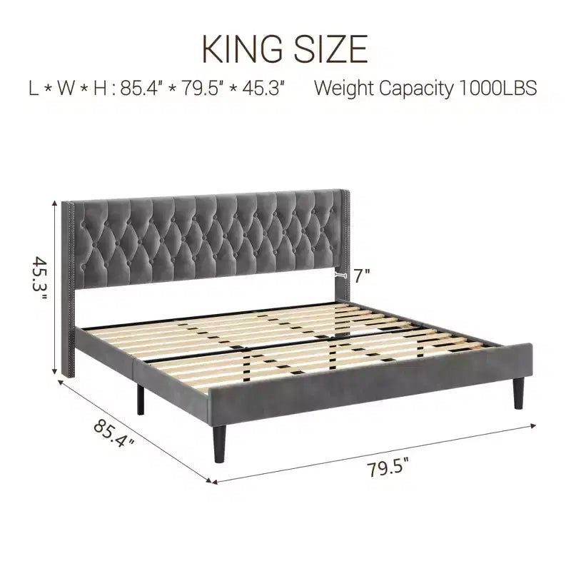 Cadre de lit King Size en velours avec tête de lit capitonnée, surpiqûres profondes, stabilité métallique, montage facile