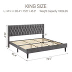 Cadre de lit King Size en velours avec tête de lit capitonnée, surpiqûres profondes, stabilité métallique, montage facile