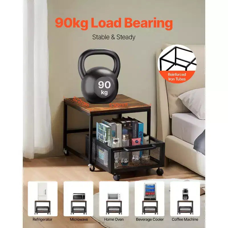 Support pour mini-réfrigérateur avec rangement, table pour mini-réfrigérateur de 90 kg avec chariot de rangement mobile et roulettes pivotantes, support pour réfrigérateur à boissons, marron clair