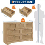 Commode en rotin à 7 tiroirs, commode bohème de 120 cm de large, commode de rangement, organisateur de placard, commode en bois naturel pour chambre, salon, entrée