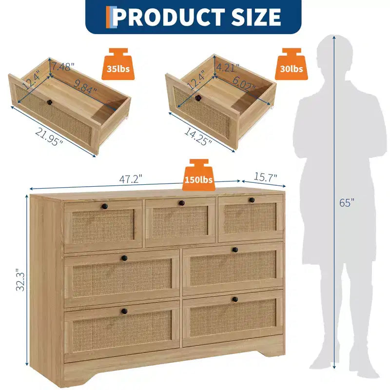 Commode en rotin à 7 tiroirs, commode bohème de 120 cm de large, commode de rangement, organisateur de placard, commode en bois naturel pour chambre, salon, entrée