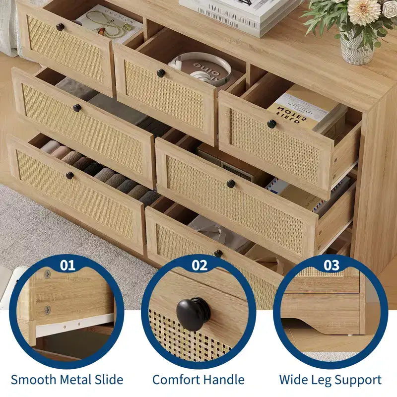 Commode en rotin à 7 tiroirs, commode bohème de 120 cm de large, commode de rangement, organisateur de placard, commode en bois naturel pour chambre, salon, entrée