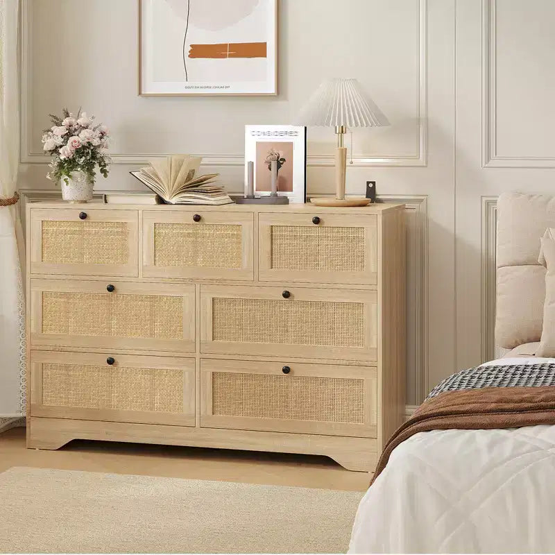 Commode en rotin à 7 tiroirs, commode bohème de 120 cm de large, commode de rangement, organisateur de placard, commode en bois naturel pour chambre, salon, entrée
