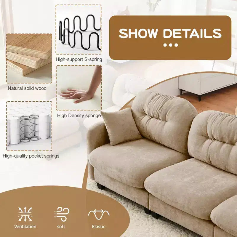 Causeuse en chenille Cloud Touch - Dossier capitonné, Mousse ergonomique haute densité, Base en bois massif, 2 places, Format appartement