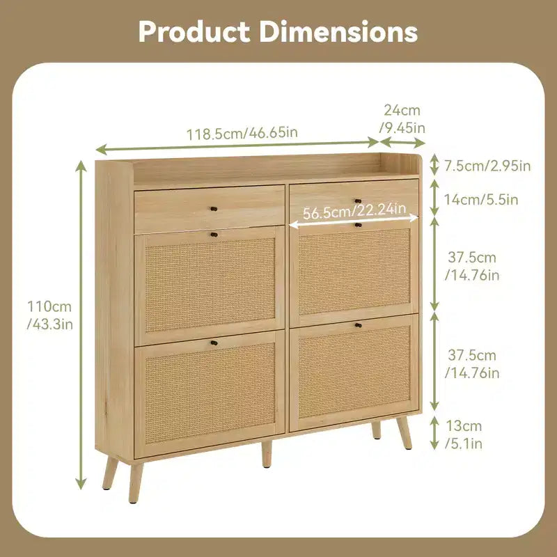Meuble à chaussures en bois avec 4 tiroirs abattants en rotin naturel et 2 tiroirs, range-chaussures autoportant dissimulé pour entrée, couloir, salon