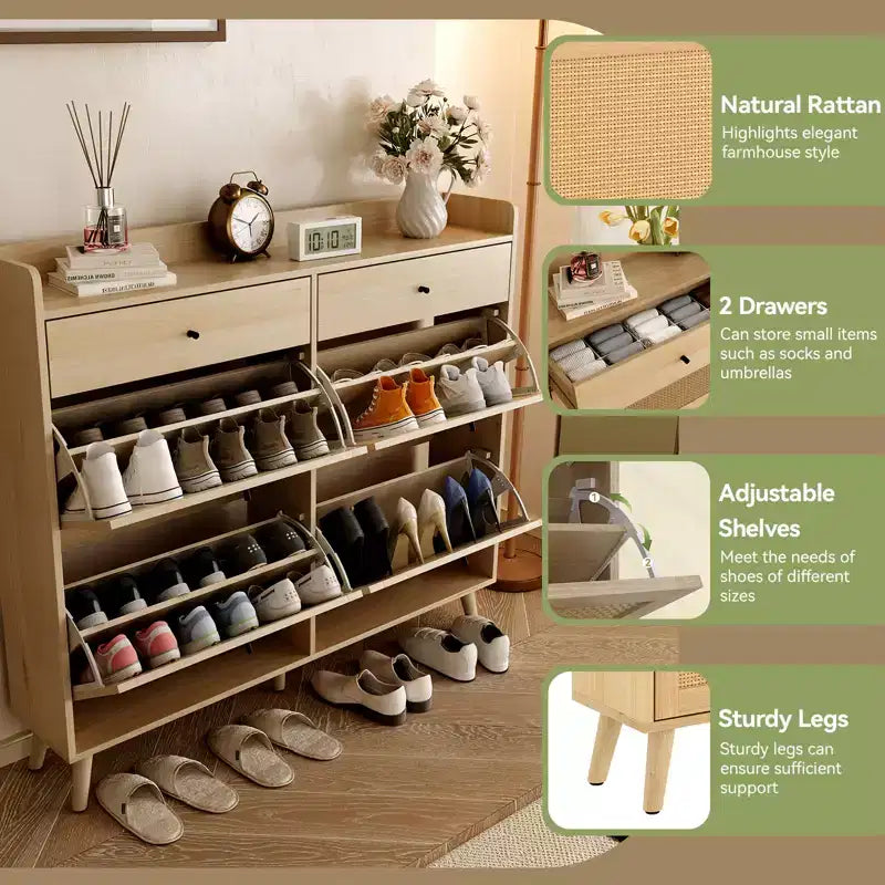 Meuble à chaussures en bois avec 4 tiroirs abattants en rotin naturel et 2 tiroirs, range-chaussures autoportant dissimulé pour entrée, couloir, salon