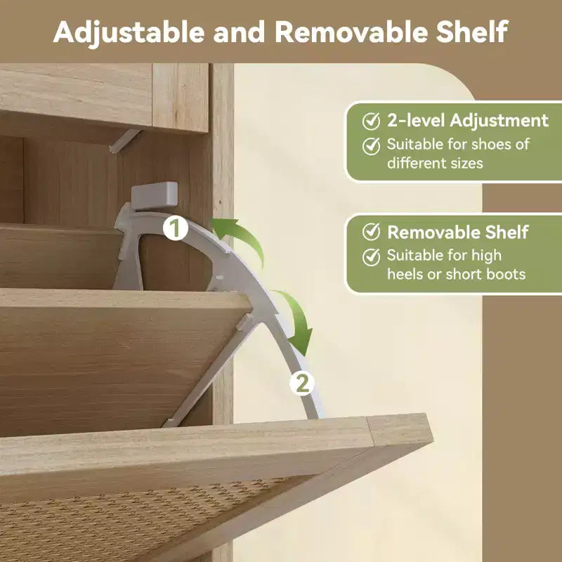 Meuble à chaussures en bois avec 4 tiroirs abattants en rotin naturel et 2 tiroirs, range-chaussures autoportant dissimulé pour entrée, couloir, salon