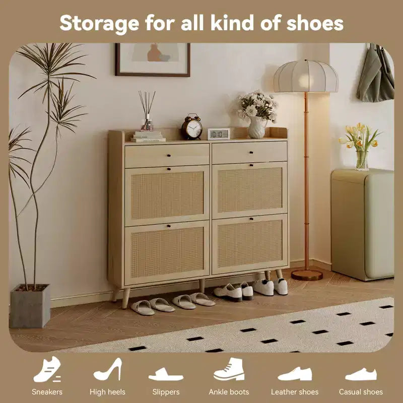 Meuble à chaussures en bois avec 4 tiroirs abattants en rotin naturel et 2 tiroirs, range-chaussures autoportant dissimulé pour entrée, couloir, salon
