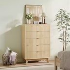 Commode à 5 tiroirs, buffet cannelé moderne du milieu du siècle de 81 cm de haut, commode en chêne pour chambre à coucher, salon, couloir