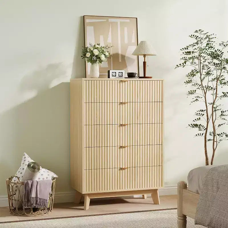 Commode à 5 tiroirs, buffet cannelé moderne du milieu du siècle de 81 cm de haut, commode en chêne pour chambre à coucher, salon, couloir