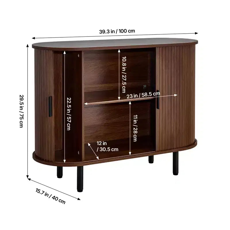 Meuble bar à café, Table de bar à café cannelée de style Mid-Century, Meuble de rangement avec 2 portes coulissantes, Meuble d'appoint, Noyer