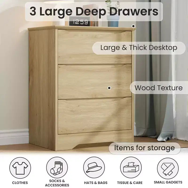 Commode à 3 tiroirs pour chambre à coucher, commode en bois de 75 cm de haut, petite commode de chevet, organisateur de rangement de vêtements pour chambre à coucher, couloir