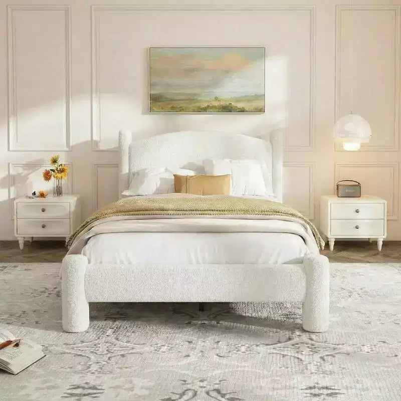 Upholstered Boucle Bed Frame Cloud Platform Bed with Soft Round Headboard Heavy Duty Noise-Free No Box Spring Needed Easy Assembly