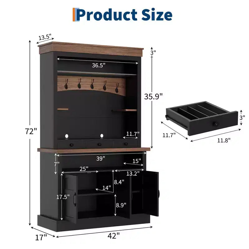 Meuble de bar à café de 183 cm de haut avec lumières LED, étagères réglables, tiroirs, étagère en verre, buffet bahut spacieux pour salon ou salle à manger