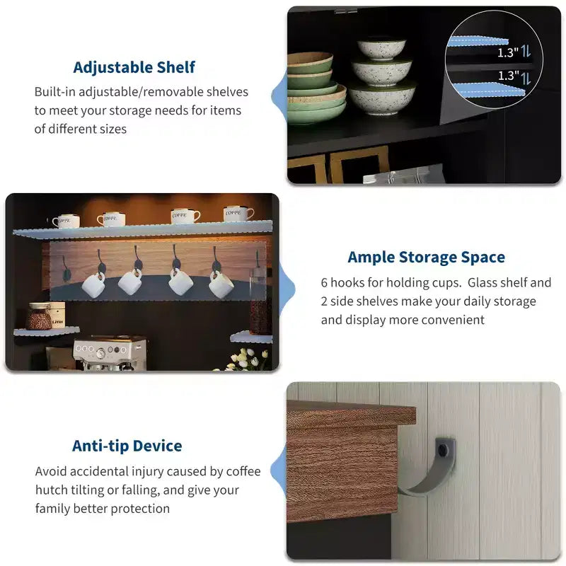 Meuble de bar à café de 183 cm de haut avec lumières LED, étagères réglables, tiroirs, étagère en verre, buffet bahut spacieux pour salon ou salle à manger