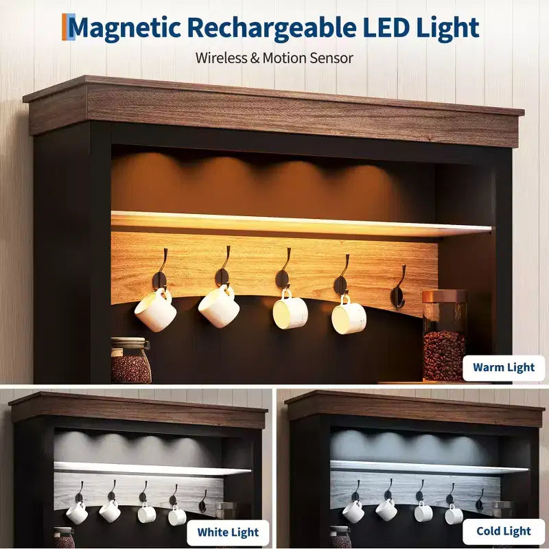 Meuble de bar à café de 183 cm de haut avec lumières LED, étagères réglables, tiroirs, étagère en verre, buffet bahut spacieux pour salon ou salle à manger