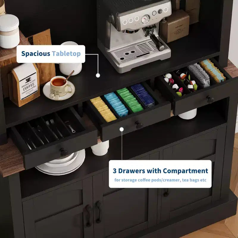 Meuble de bar à café de 183 cm de haut avec lumières LED, étagères réglables, tiroirs, étagère en verre, buffet bahut spacieux pour salon ou salle à manger
