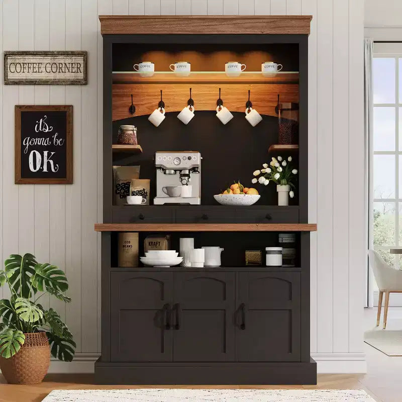 Meuble de bar à café de 183 cm de haut avec lumières LED, étagères réglables, tiroirs, étagère en verre, buffet bahut spacieux pour salon ou salle à manger