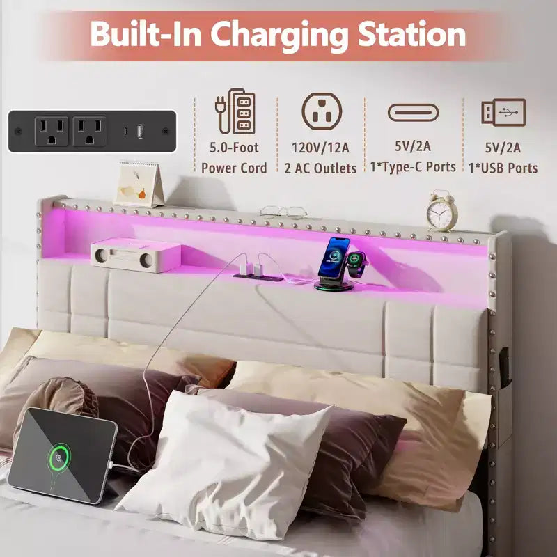 Cadre de lit double moderne avec station de charge, 4 tiroirs de rangement, lumières LED, tête de lit plateforme rembourrée beige, lattes métalliques, pas de sommier tapissier, USB