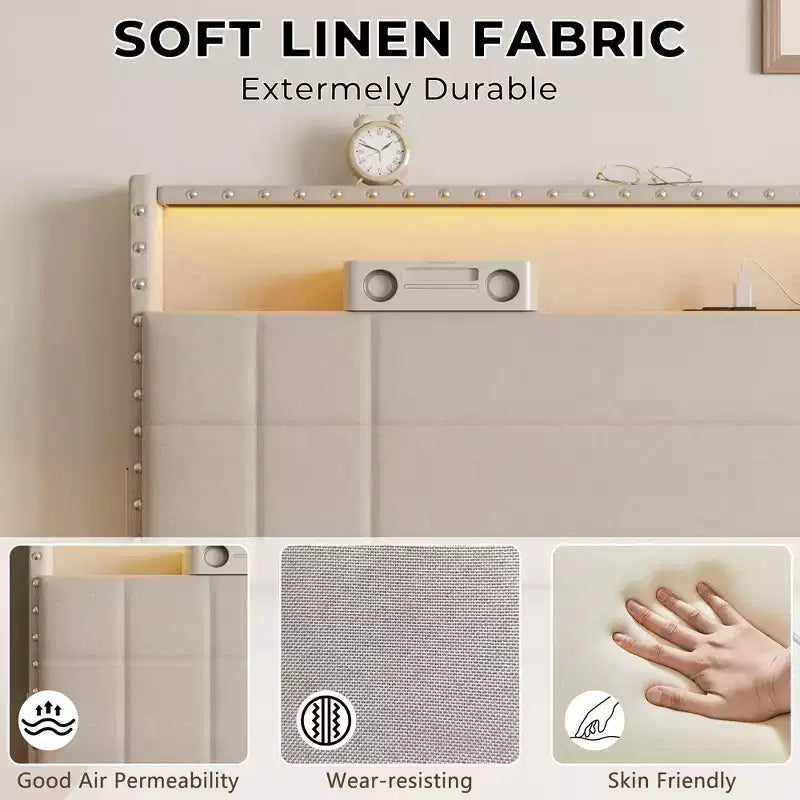 Cadre de lit double moderne avec station de charge, 4 tiroirs de rangement, lumières LED, tête de lit plateforme rembourrée beige, lattes métalliques, pas de sommier tapissier, USB