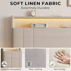 Cadre de lit double moderne avec station de charge, 4 tiroirs de rangement, lumières LED, tête de lit plateforme rembourrée beige, lattes métalliques, pas de sommier tapissier, USB
