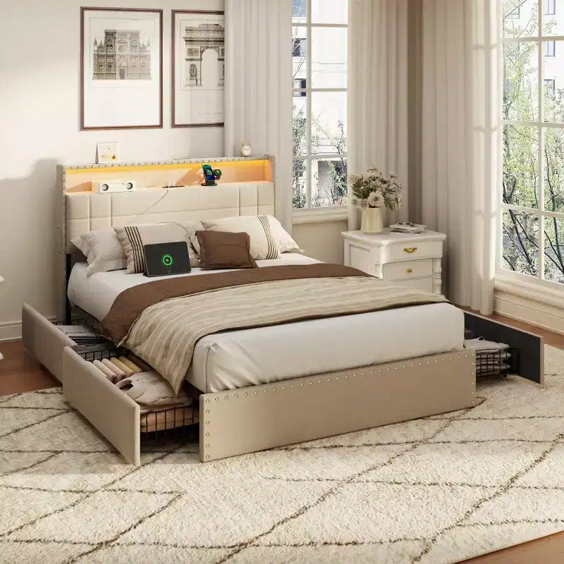 Cadre de lit double moderne avec station de charge, 4 tiroirs de rangement, lumières LED, tête de lit plateforme rembourrée beige, lattes métalliques, pas de sommier tapissier, USB