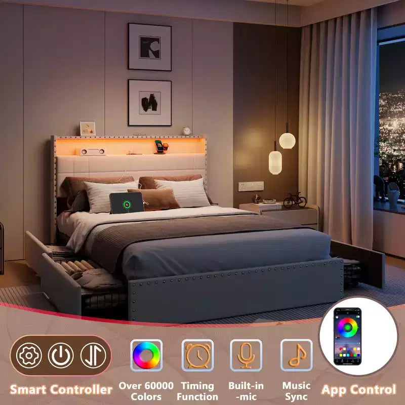 Cadre de lit double moderne avec station de charge, 4 tiroirs de rangement, lumières LED, tête de lit plateforme rembourrée beige, lattes métalliques, pas de sommier tapissier, USB