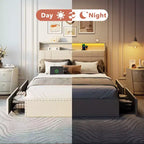 Cadre de lit double moderne avec station de charge, 4 tiroirs de rangement, lumières LED, tête de lit plateforme rembourrée beige, lattes métalliques, pas de sommier tapissier, USB
