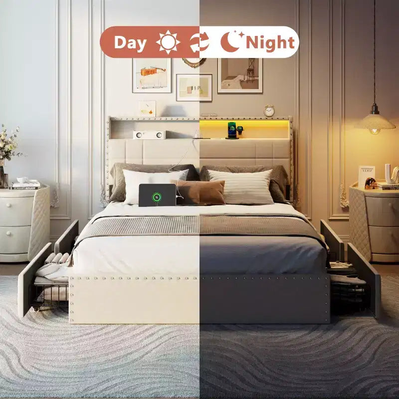 Cadre de lit double moderne avec station de charge, 4 tiroirs de rangement, lumières LED, tête de lit plateforme rembourrée beige, lattes métalliques, pas de sommier tapissier, USB