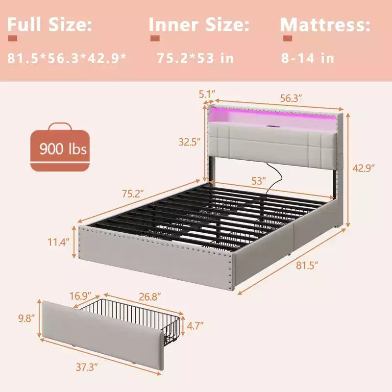 Cadre de lit double moderne avec station de charge, 4 tiroirs de rangement, lumières LED, tête de lit plateforme rembourrée beige, lattes métalliques, pas de sommier tapissier, USB