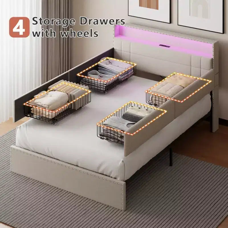 Cadre de lit double moderne avec station de charge, 4 tiroirs de rangement, lumières LED, tête de lit plateforme rembourrée beige, lattes métalliques, pas de sommier tapissier, USB