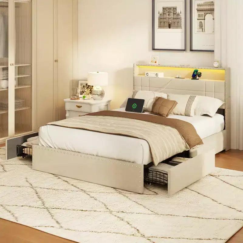Cadre de lit double moderne avec station de charge, 4 tiroirs de rangement, lumières LED, tête de lit plateforme rembourrée beige, lattes métalliques, pas de sommier tapissier, USB