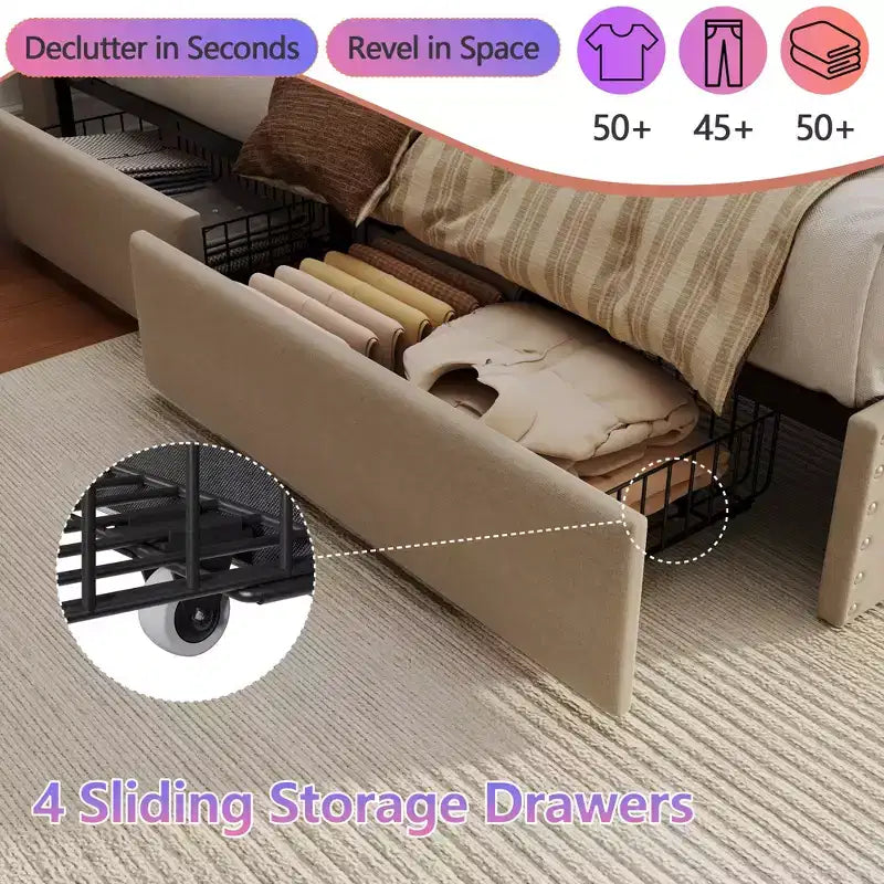 Cadre de lit double moderne avec station de charge, 4 tiroirs de rangement, lumières LED, tête de lit plateforme rembourrée beige, lattes métalliques, pas de sommier tapissier, USB