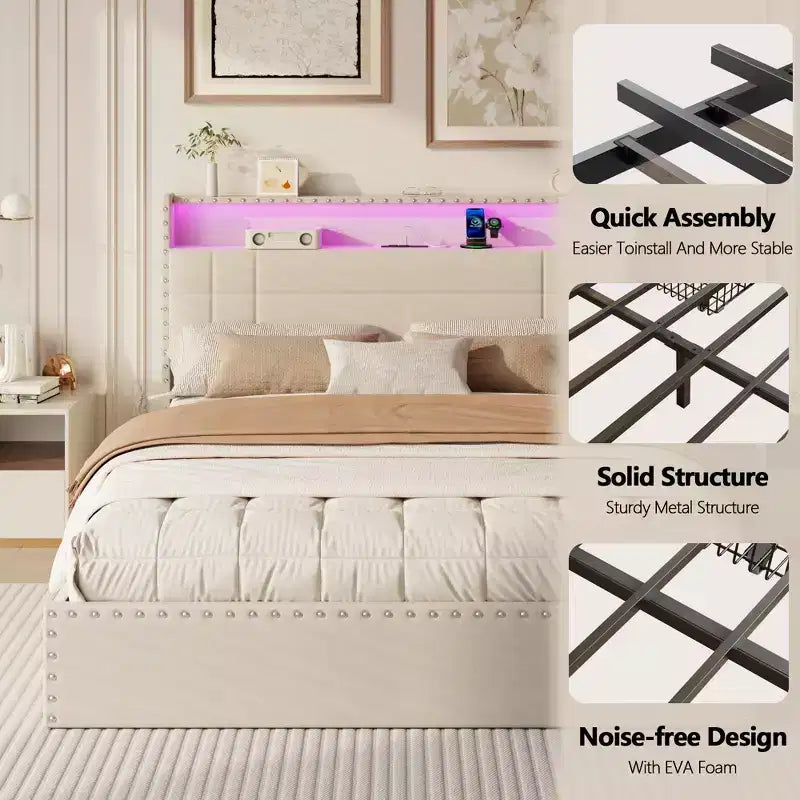 Cadre de lit double moderne avec station de charge, 4 tiroirs de rangement, lumières LED, tête de lit plateforme rembourrée beige, lattes métalliques, pas de sommier tapissier, USB