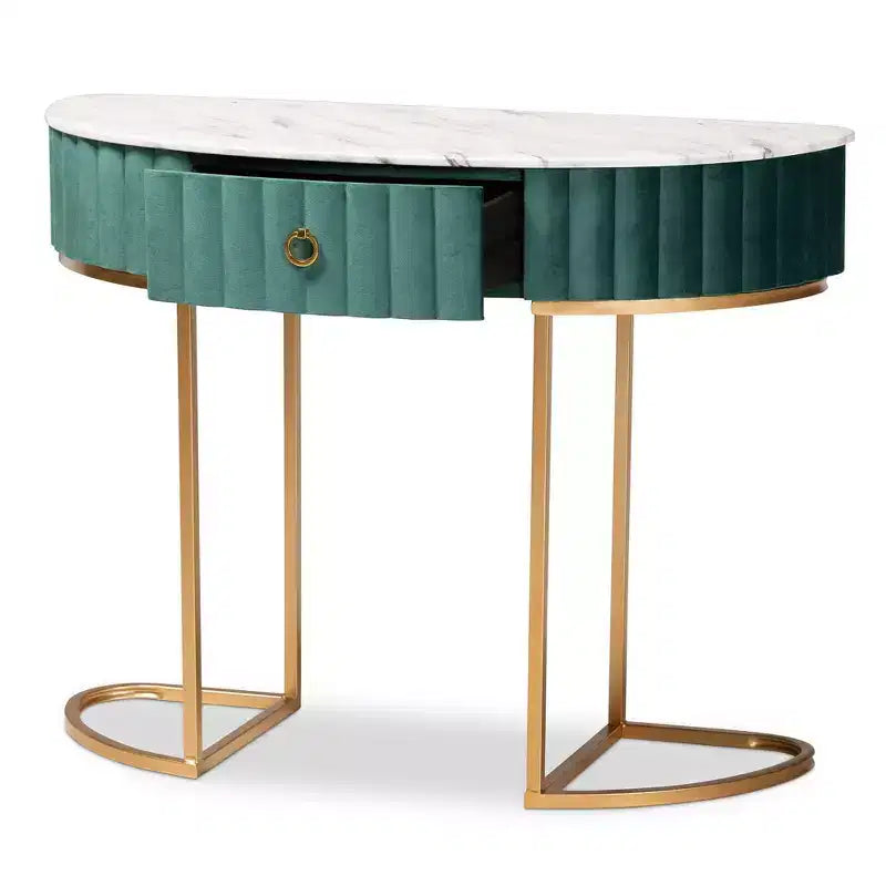 1 tiroir, velours, table console capitonnée et brossée Vert/Doré : Plateau en faux marbre, cadre en MDF