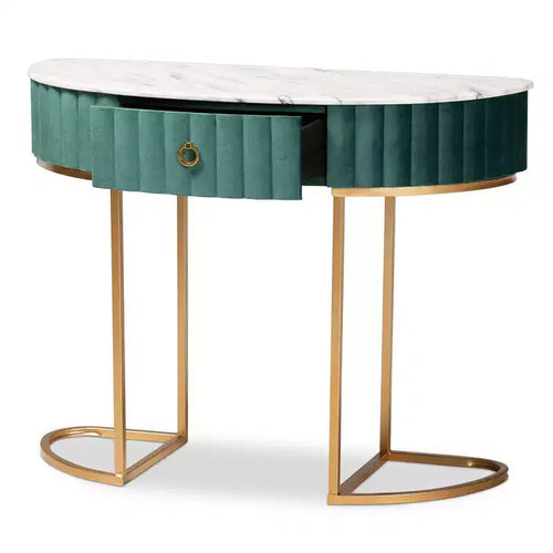 1 tiroir, velours, table console capitonnée et brossée Vert/Doré : Plateau en faux marbre, cadre en MDF