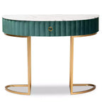 1 tiroir, velours, table console capitonnée et brossée Vert/Doré : Plateau en faux marbre, cadre en MDF