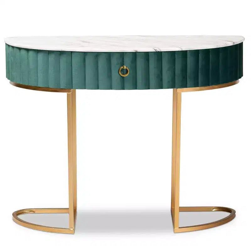 1 tiroir, velours, table console capitonnée et brossée Vert/Doré : Plateau en faux marbre, cadre en MDF